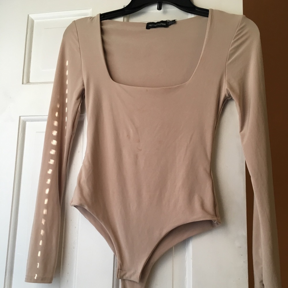 Tan long sleeve square neck gorgeous body suit